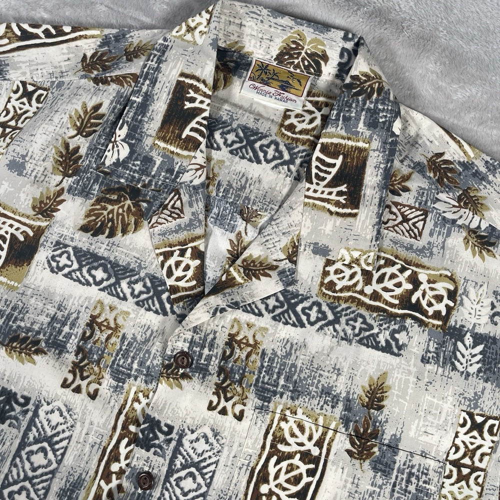 Winnie Fashion Mens Large Tan Tropical Hawaiian Shirt Tribal Turtles Casual Camp